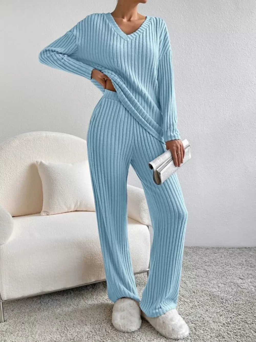 Ribbed Knit V-Neck Top and Pants Set, image 24