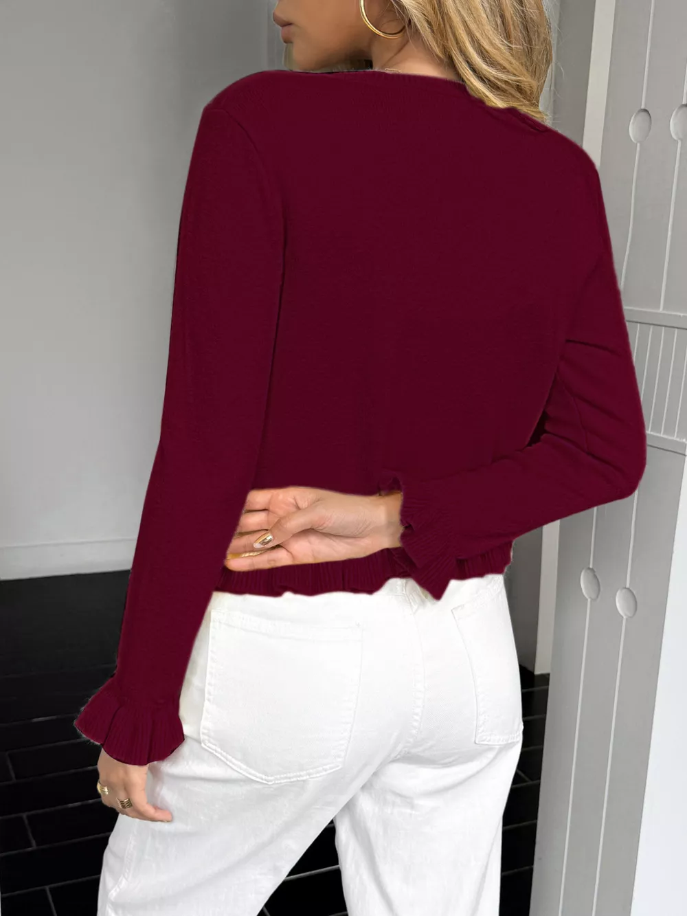 Ruffled Trim Button-Up Knit Cardigan, image 11