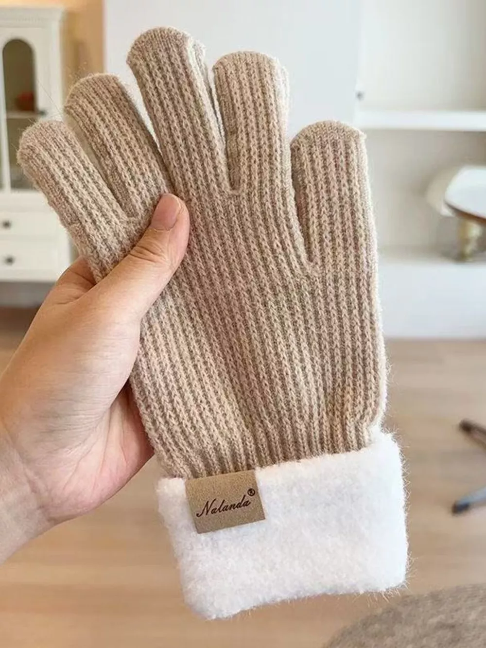 Knitted Warm Gloves with Plush Cuff, image 2
