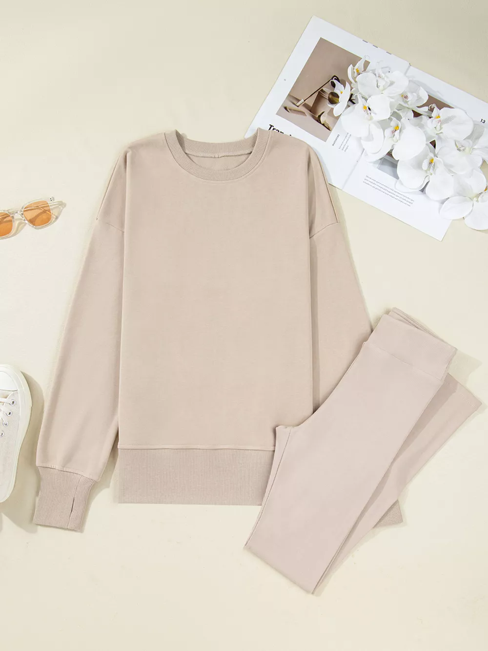 Solid Color Oversize Slit Sweatshirt and Ribbed Leggings 2pcs Set, image 14