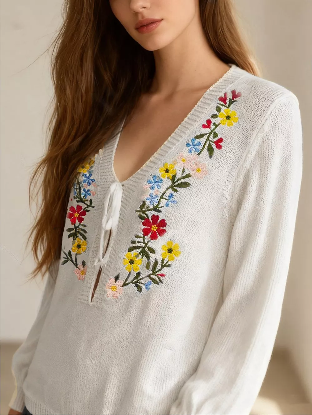 Floral Embroidered V-Neck Sweater, image 4