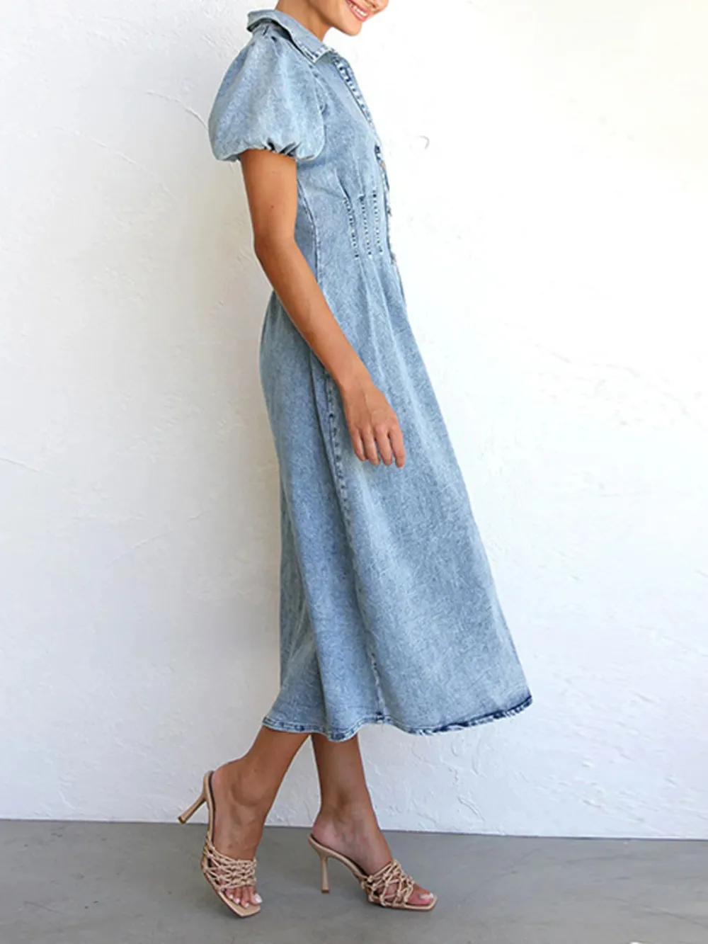 Puff Sleeve Button Front Denim Midi Dress, image 6