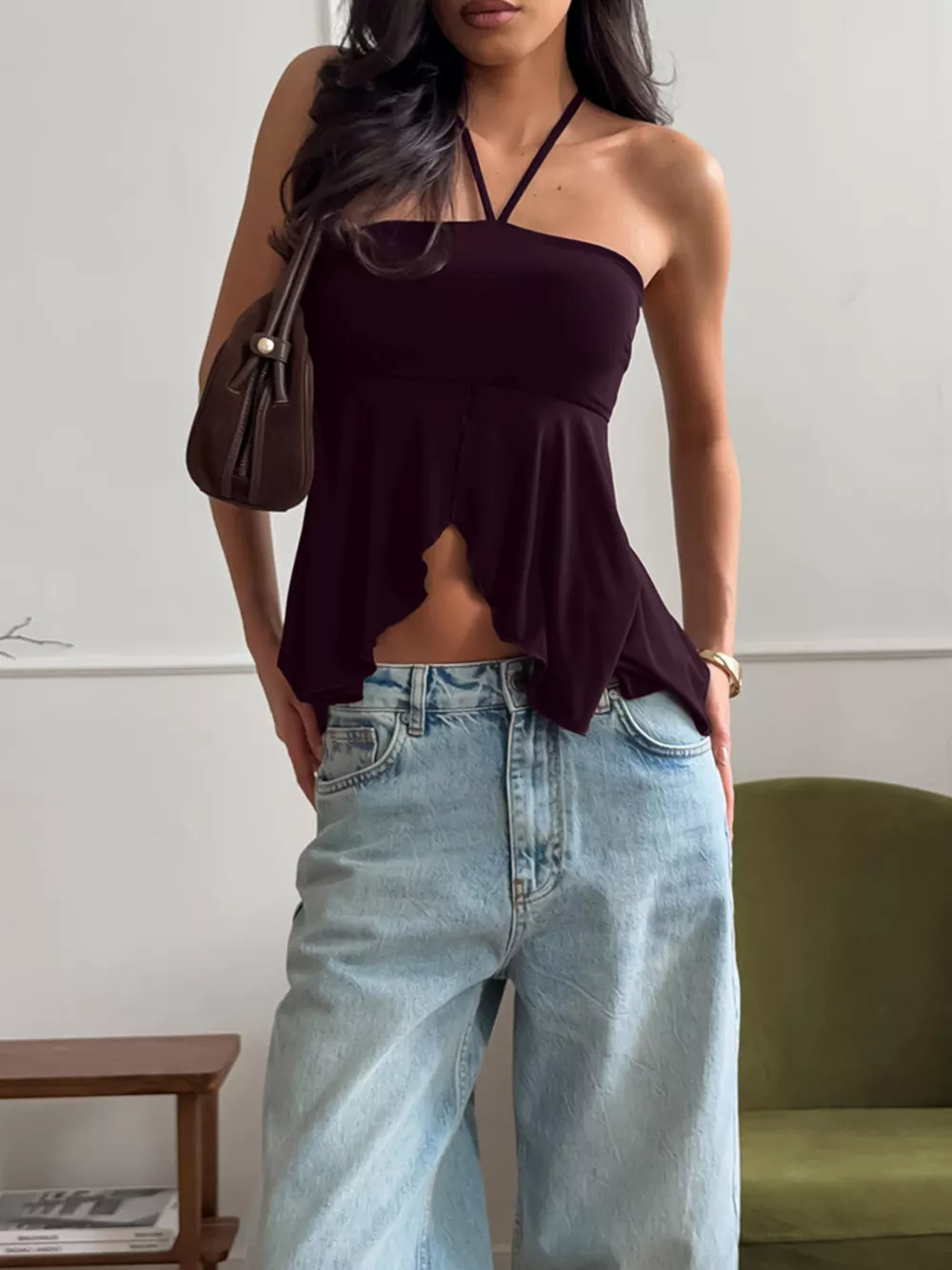 Halter Neck Asymmetrical Hem Cami, image 2