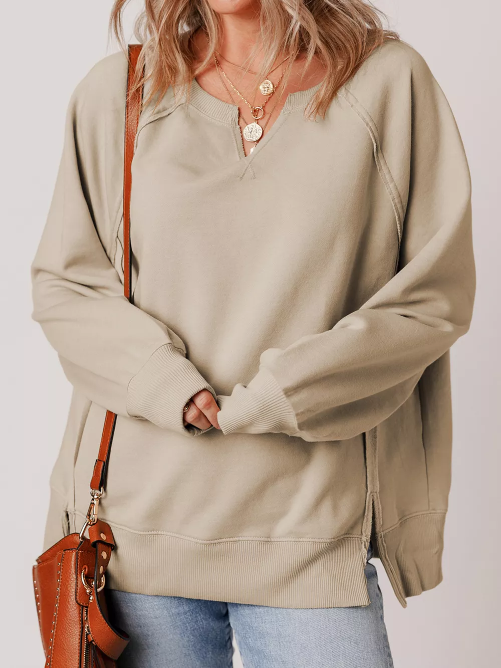 Raw Edge Exposed Seam Raglan Sleeve Side Slit Sweatshirt, image 5