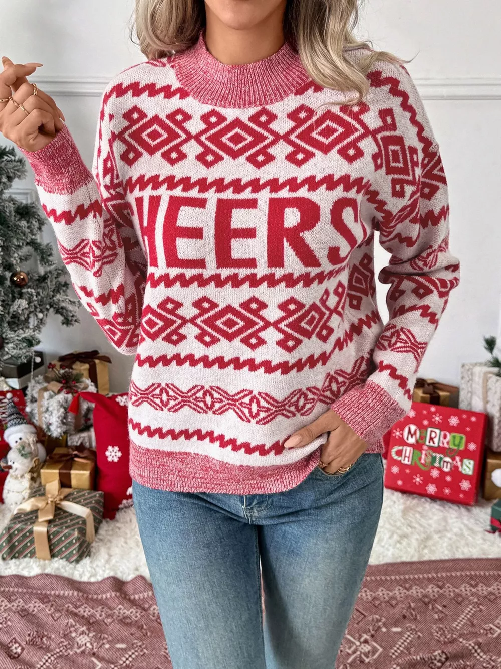 CHEERS Round Neck Long Sleeve Christmas Sweater, image 4