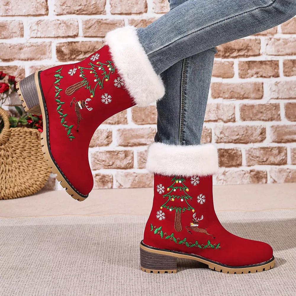 Christmas Embroidered Block Heel Ankle Boots, image 4