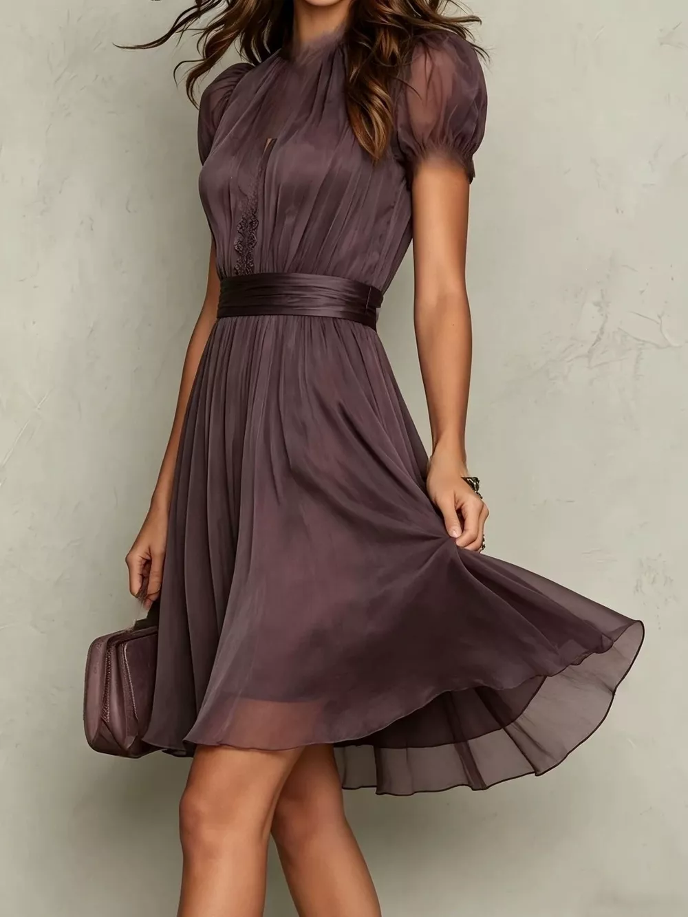 Full Size Lace Trim Puff Sleeve A-Line Dress Plus Size, image 3