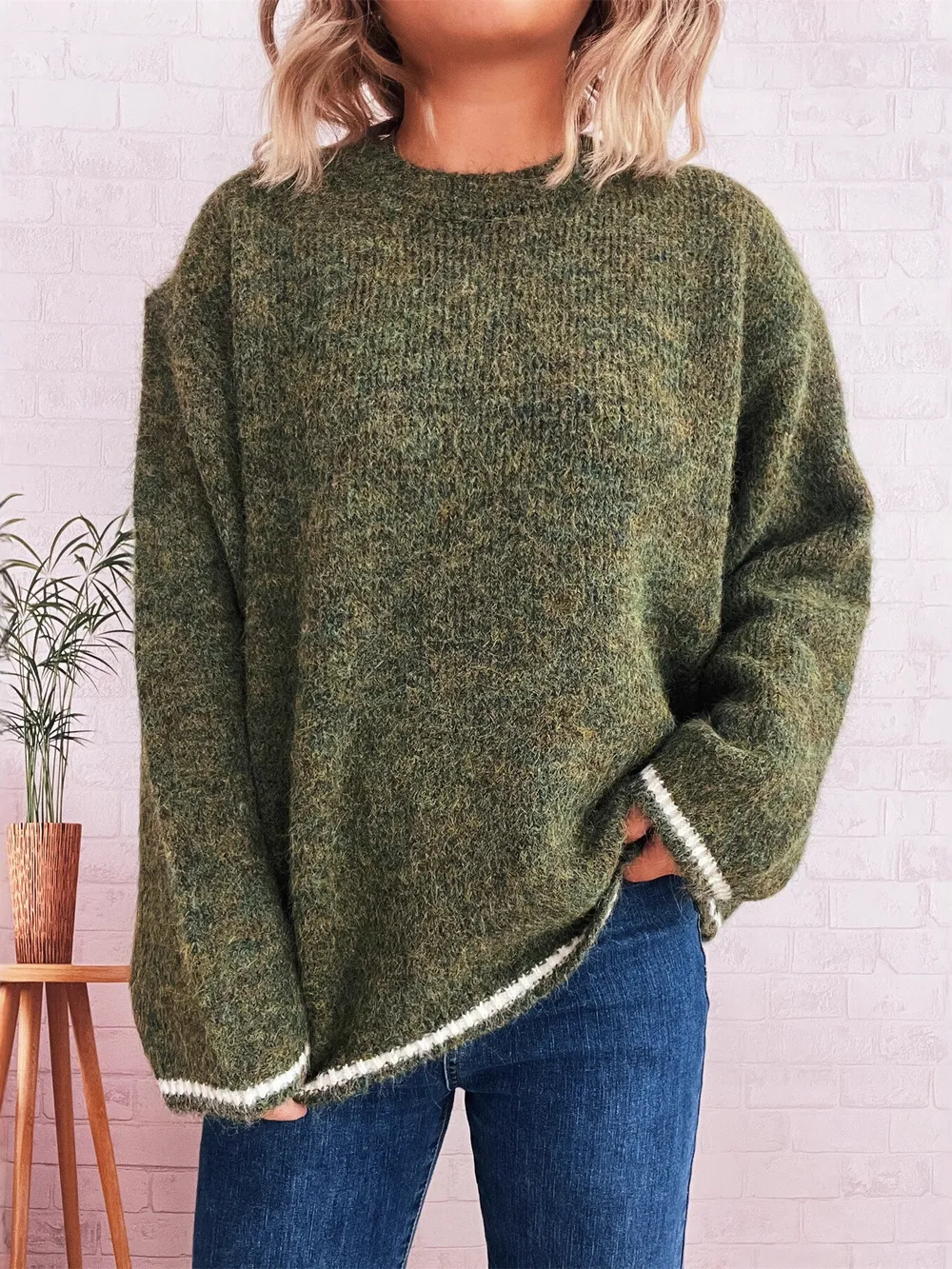 Contrast Trim Round Neck Cozy Sweater, image 8