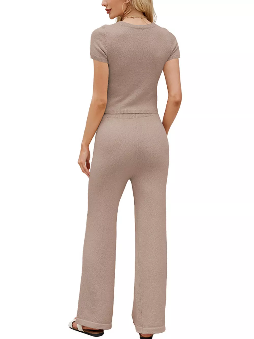 Solid Color Knit Short Sleeve Top and Wide Leg Pants Set, image 4