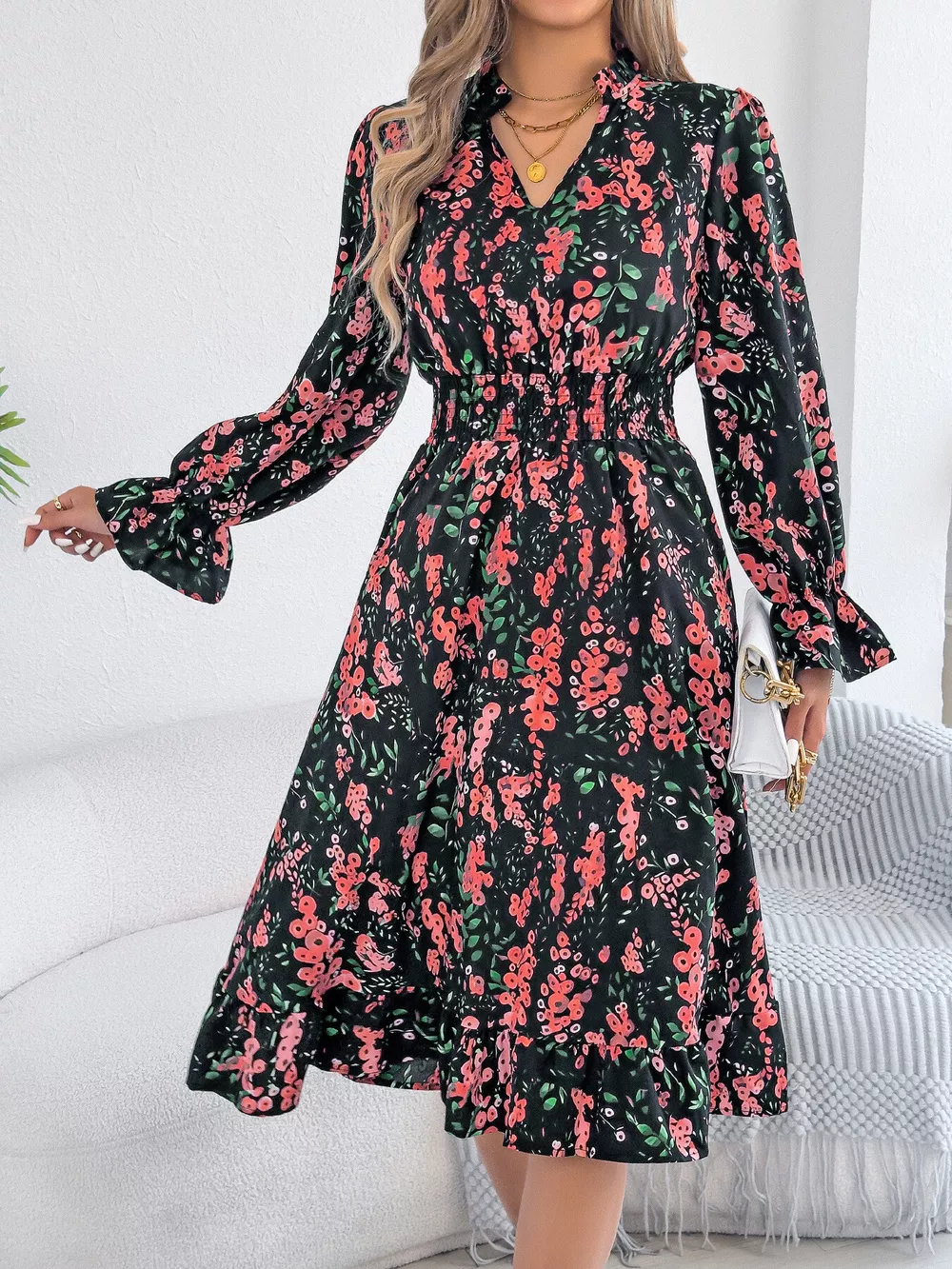 Floral Print Ruffle Hem Flounce Sleeve A-Line Dress, image 15