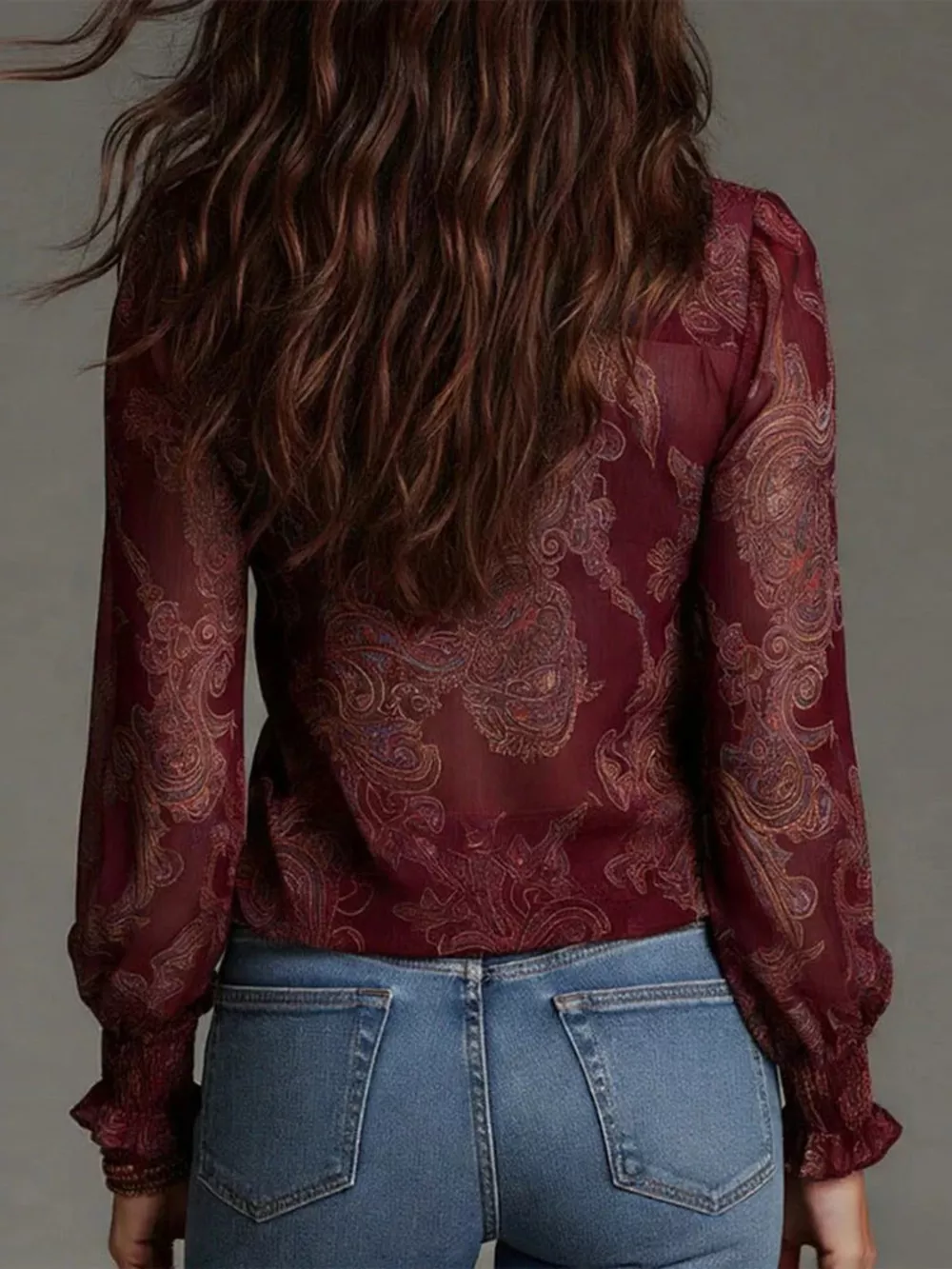 Full Size Paisley Print Ruffle Trim Zip-Front Blouse Plus Size, image 8