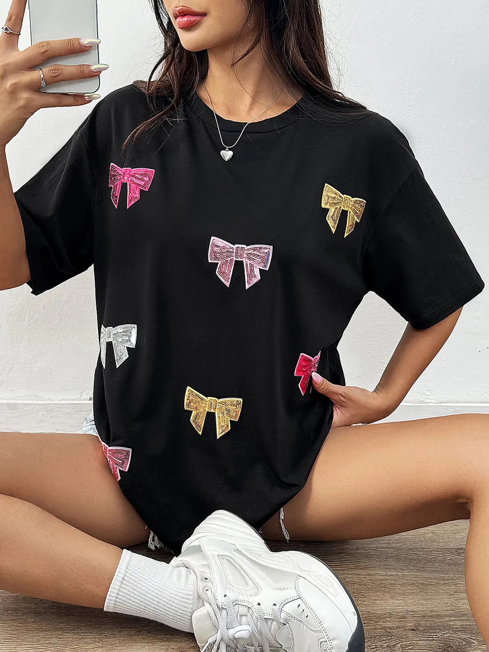 Sequin Bow Round Neck Short Sleeve T-Shirt, image 5