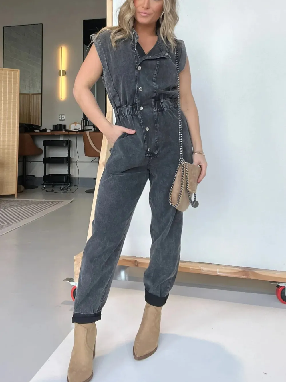 Full Size Button Front Cap Sleeve Denim Jumpsuit Plus Size