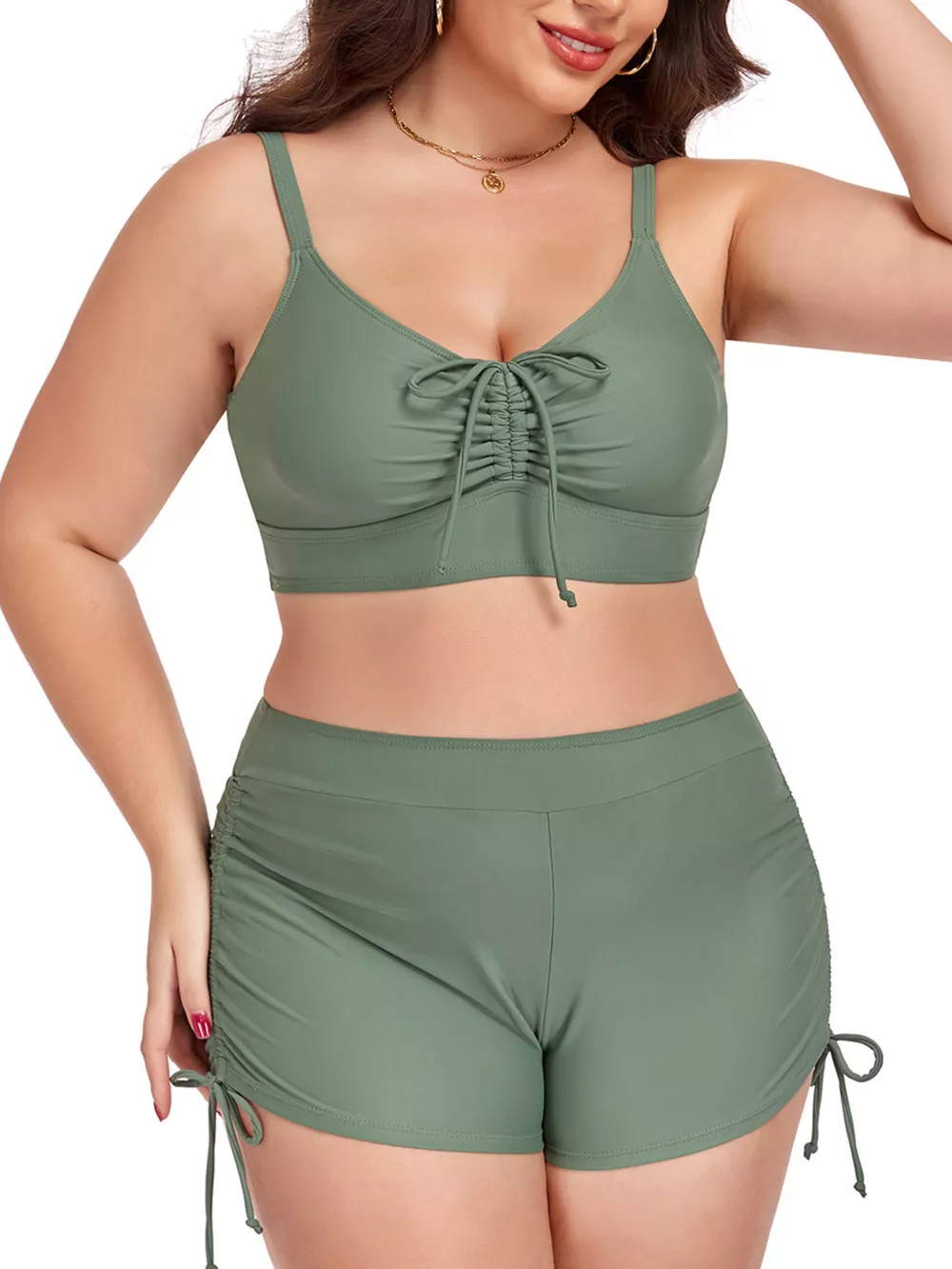 Plus Size Ruched Drawstring Swim Set, image 5