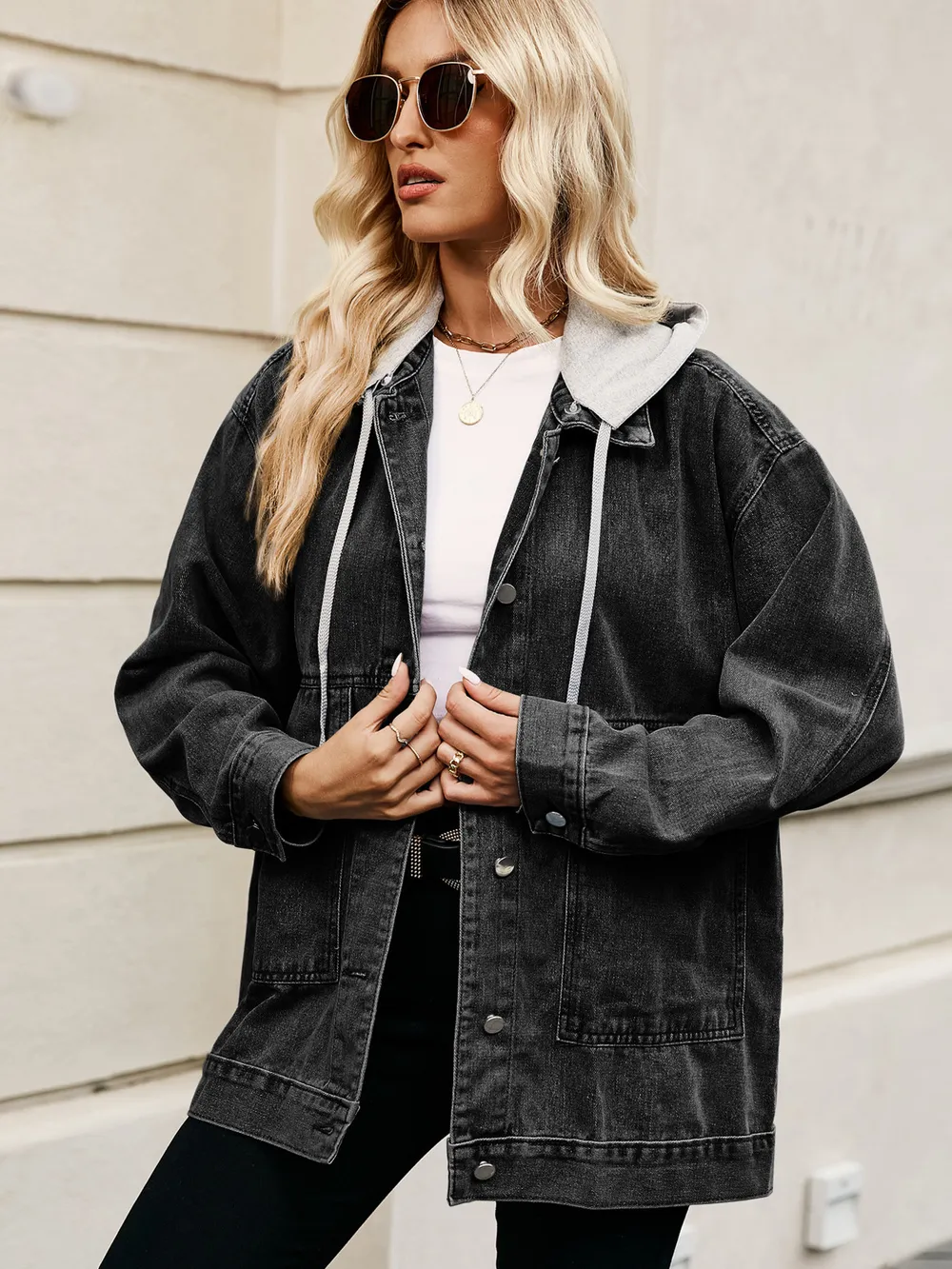 Oversized Button Up Denim Jacket with Hood