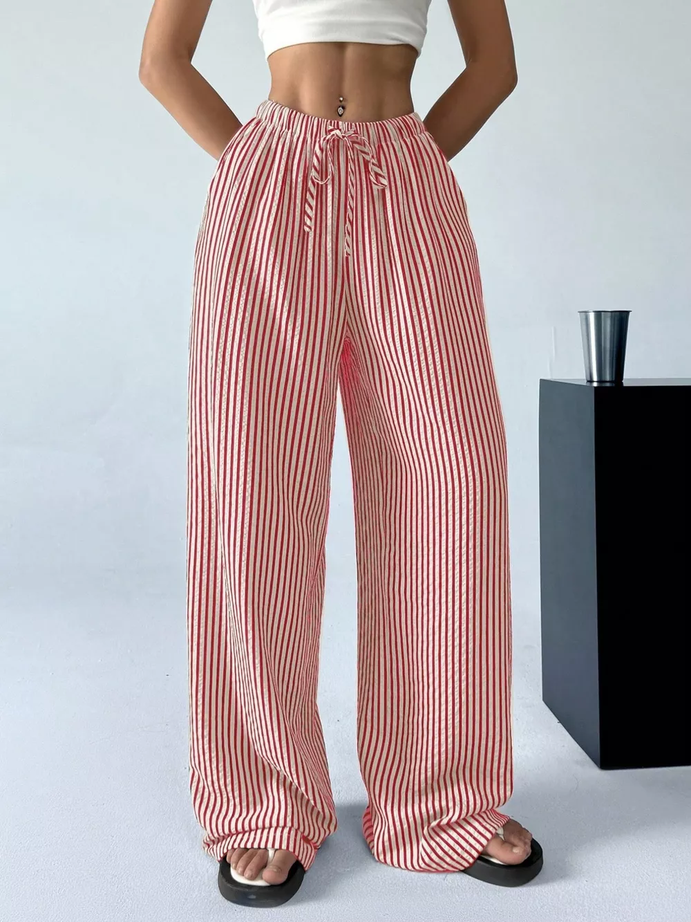 Full Size Striped Drawstring Waist Wide Leg Pants Plus Size, image 15
