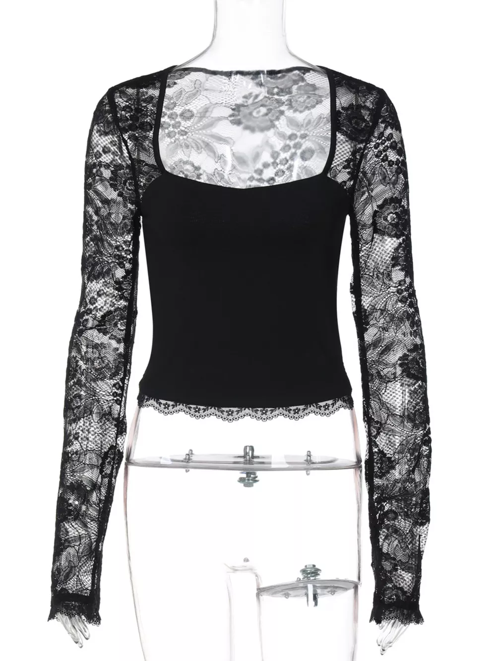 Sheer Lace Sleeve Square Neck T-Shirt, image 7