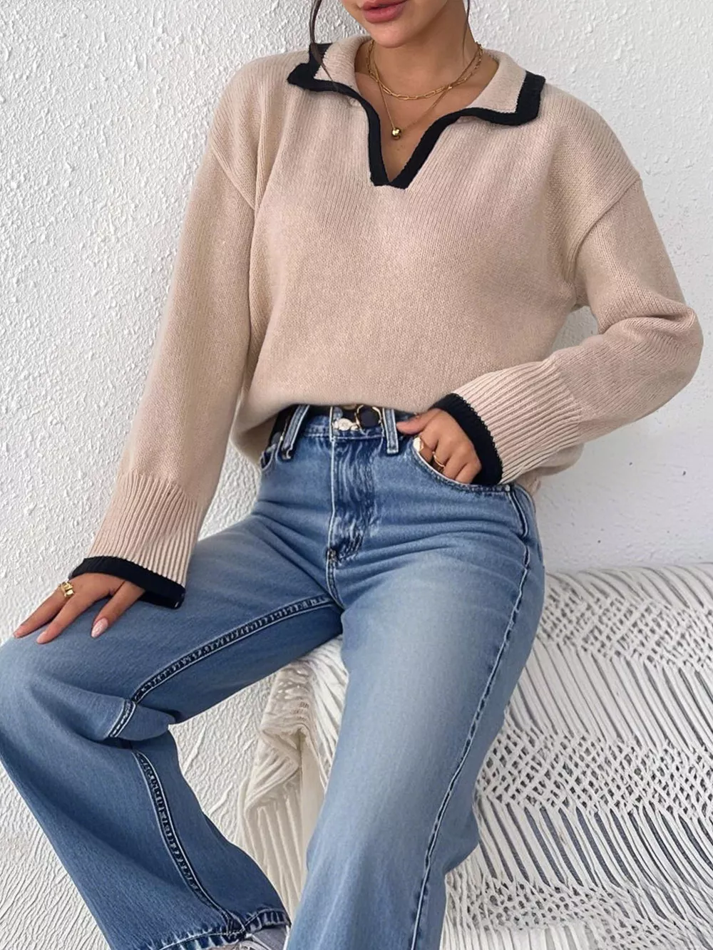Contrast Trim Polo Collar Sweater, image 7