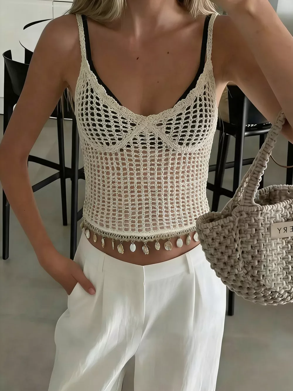 Crochet Knit Shell Hem Cami, image 4