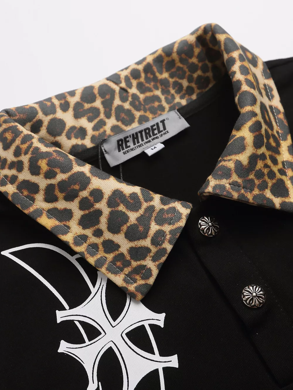 Men's Gothic Cross Print Polo with Leopard Collar, image 7