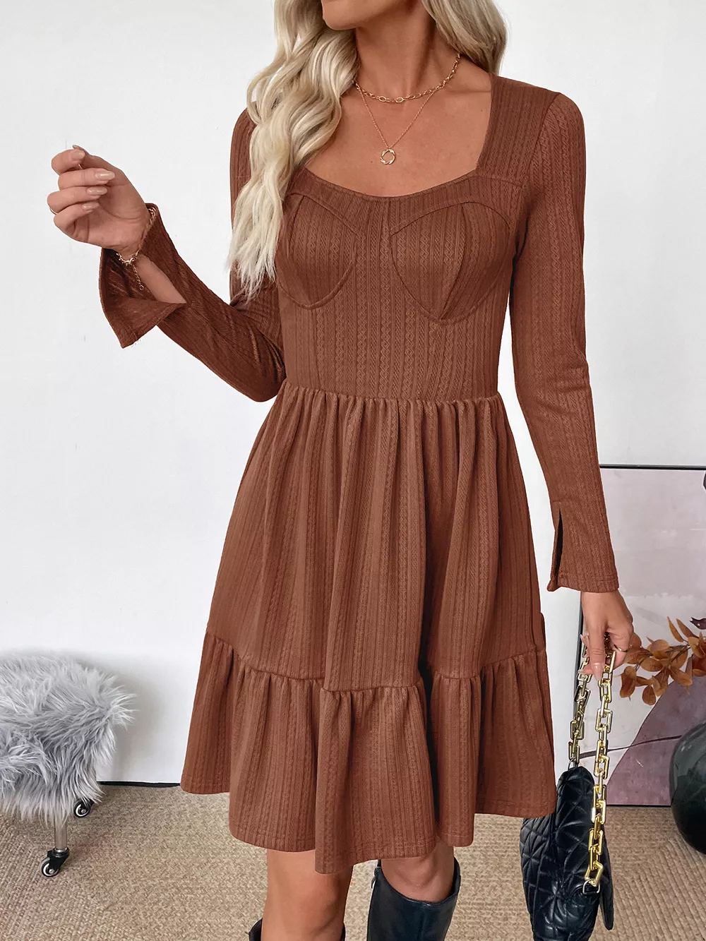 Ruffled Hem Long Sleeve Knit Dress, image 10