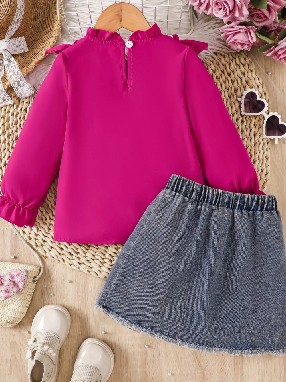Children's Ruffled Mesh Top and Denim Skirt Set, image 6