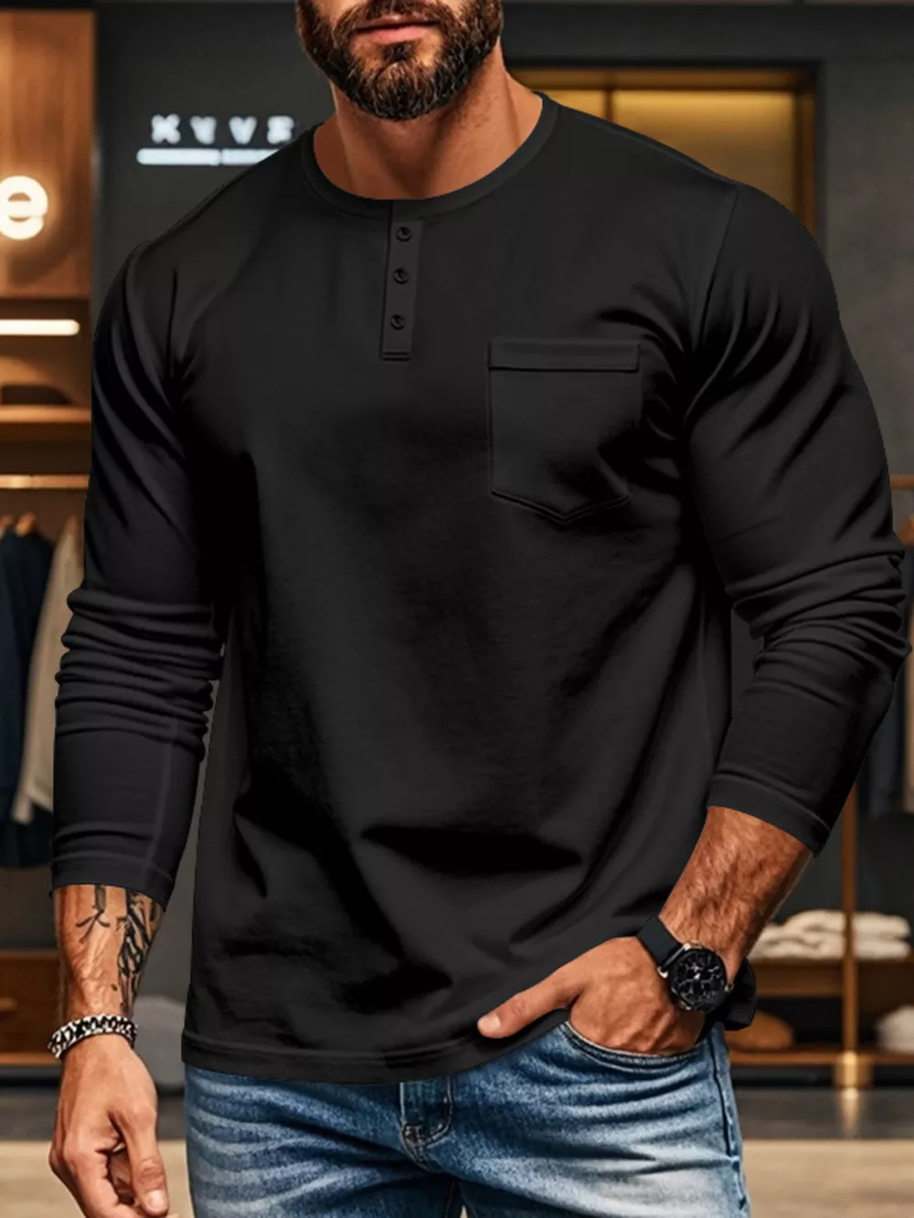 Men's Plus Size Casual Long Sleeve Henley T-Shirt with Pocket, image 2