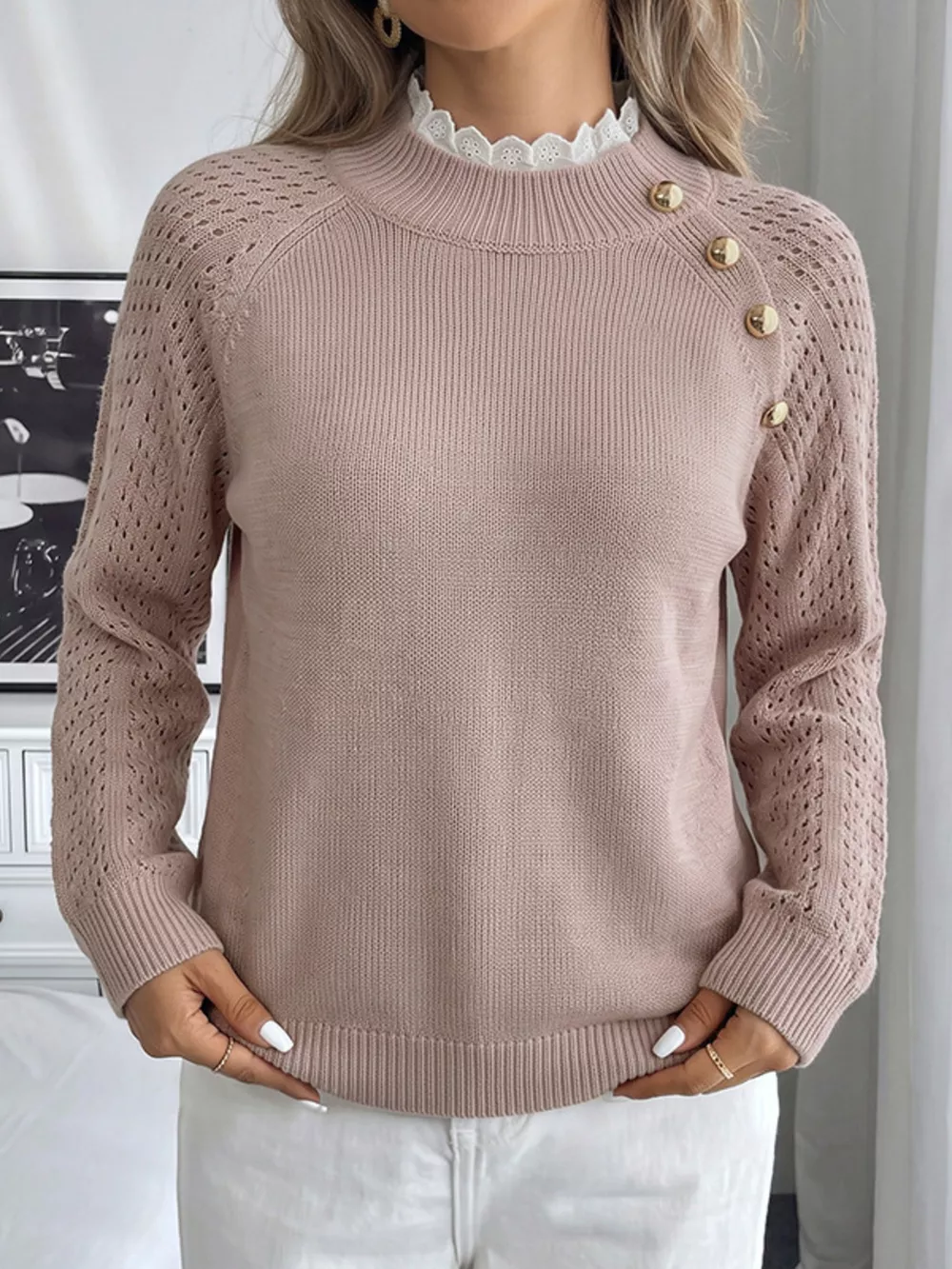 Openwork Mock Neck Sweater