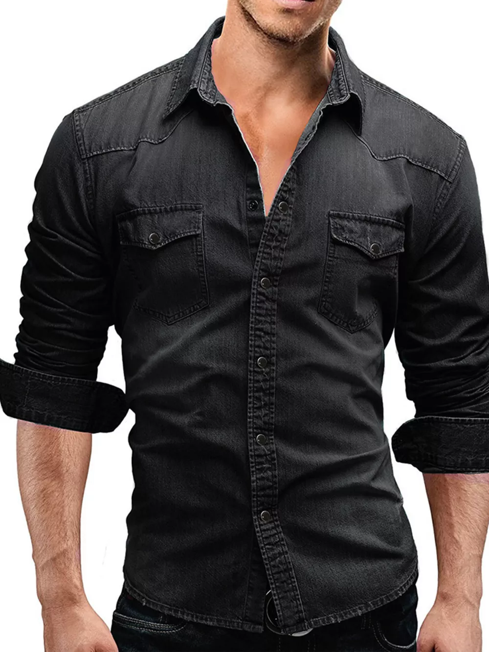 Men's Plus Size Vintage Washed Button Up Denim Shirt, image 3