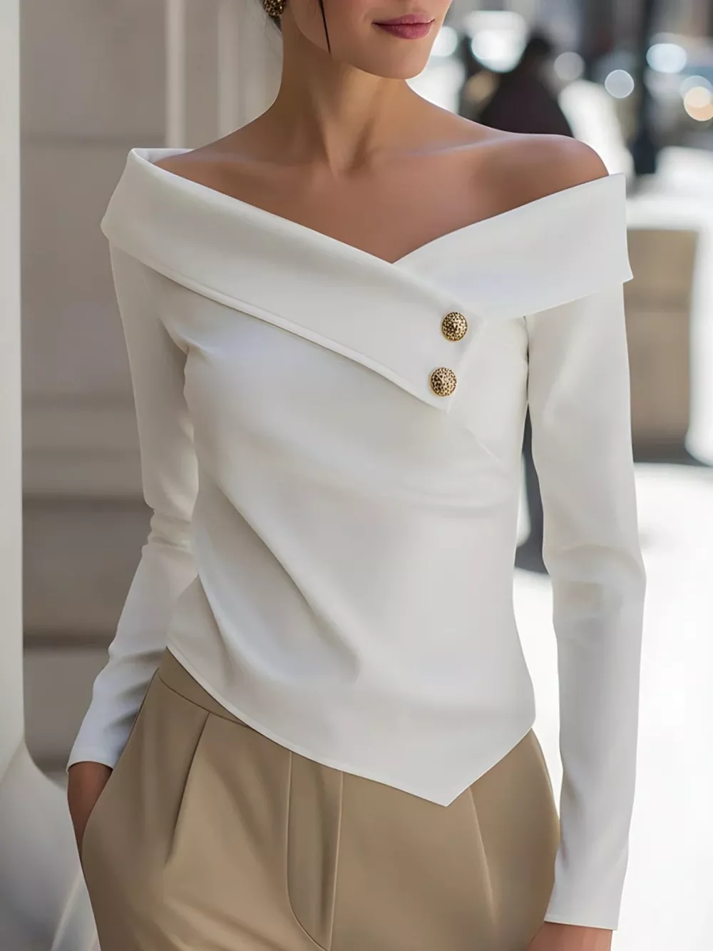 Off-Shoulder Button Decor Blouse, image 6