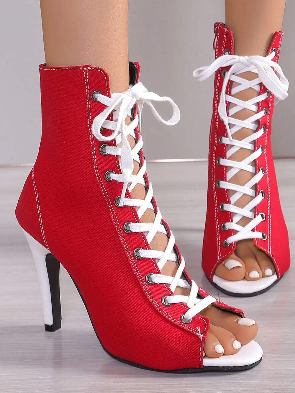 Canvas Lace-Up Peep Toe Stiletto Ankle Boots, image 2