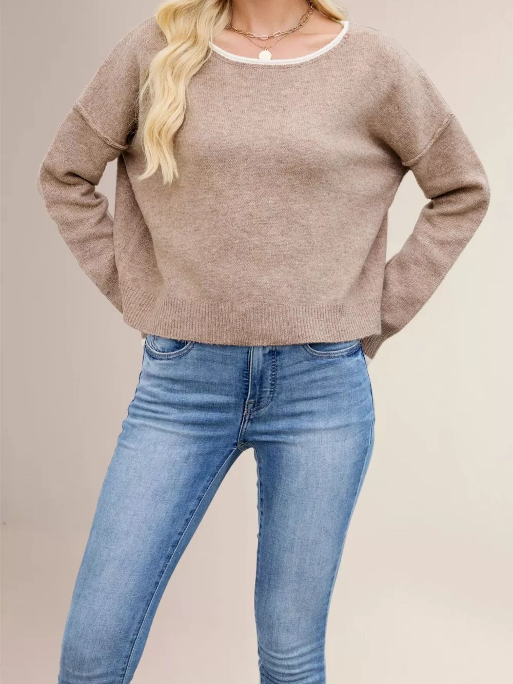 Contrast Trim Dropped Shoulder Sweater, image 7