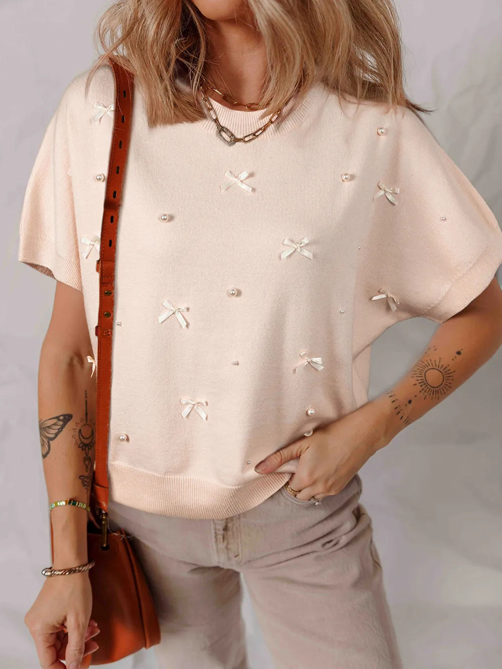 Pearl Embellished Bow Detail Short Sleeve Sweater