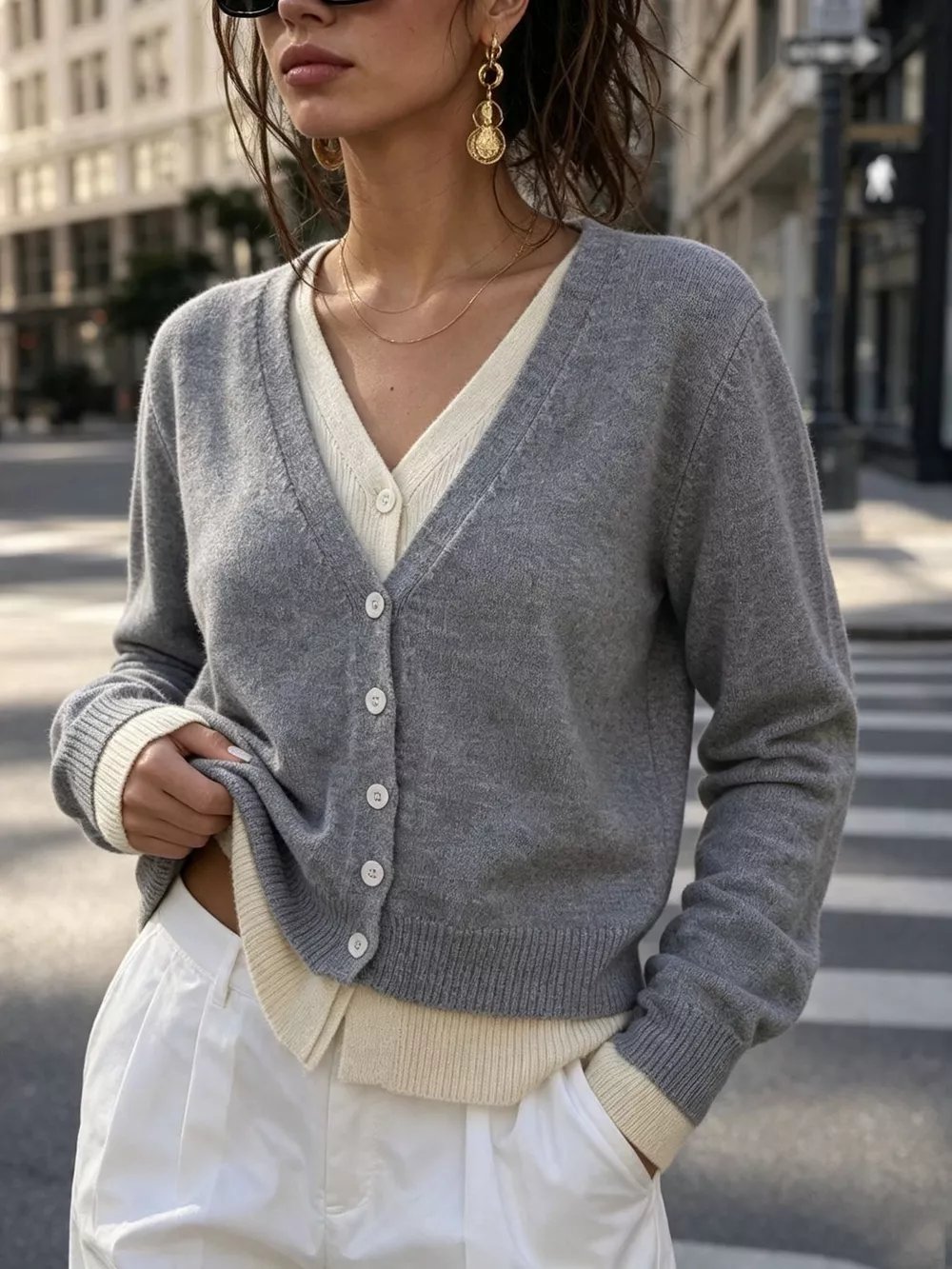 V-Neck Button-Down Contrast Layered Cardigan