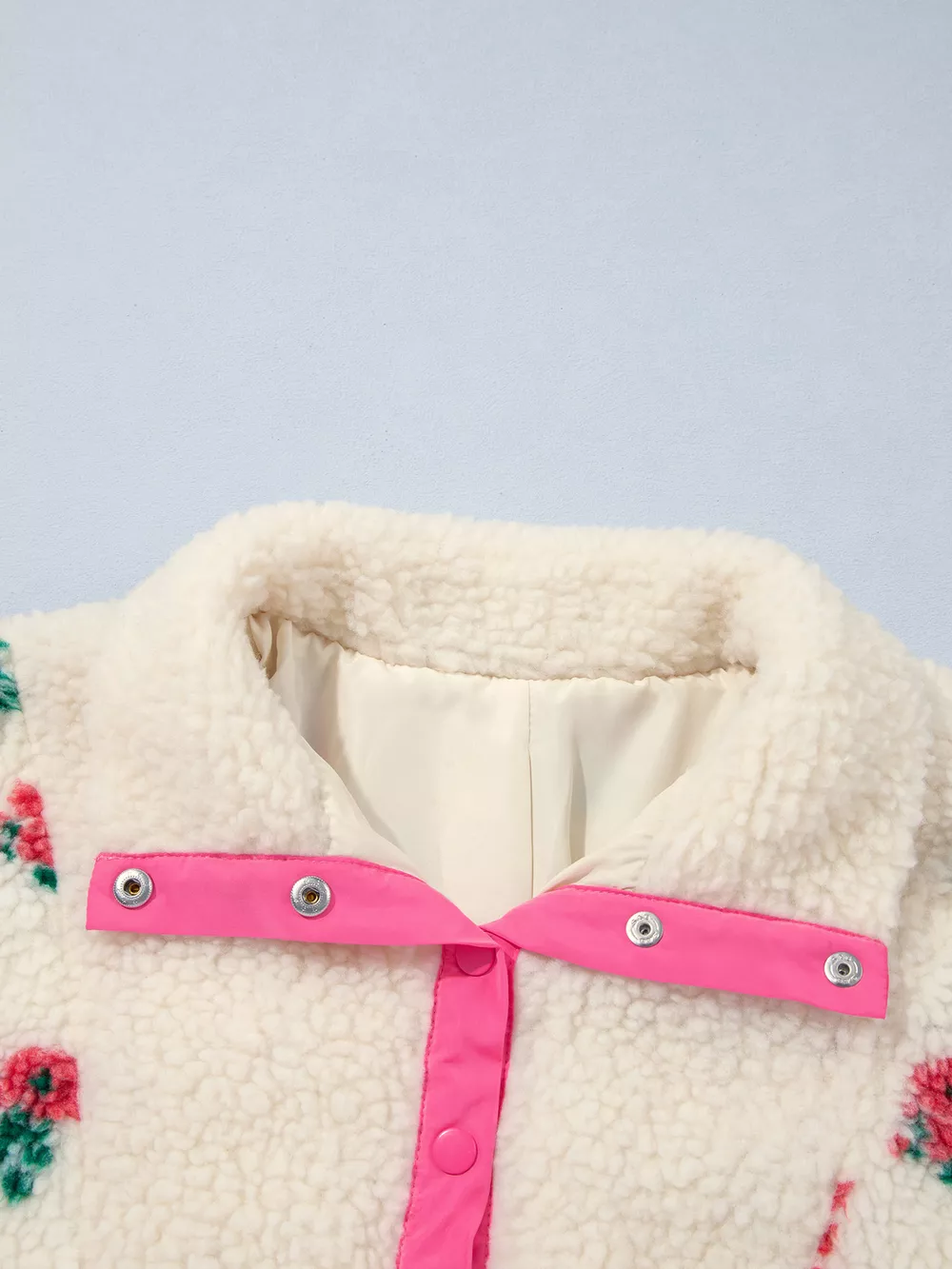 Floral Print Fleece Contrast Trim Button Collar Sweatshirt, image 8