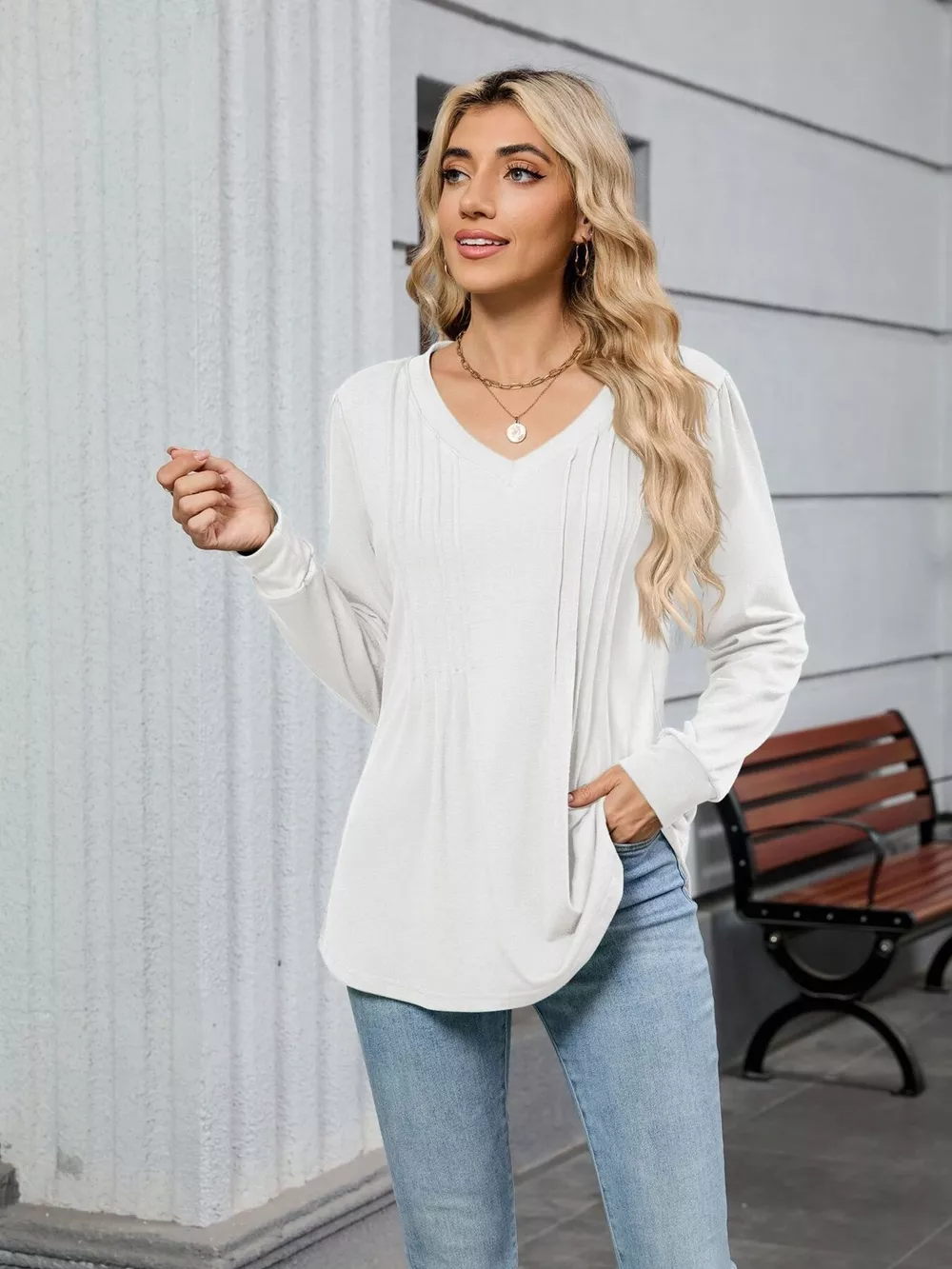 V-Neck Long Sleeve Relaxed Fit T-Shirt, image 6