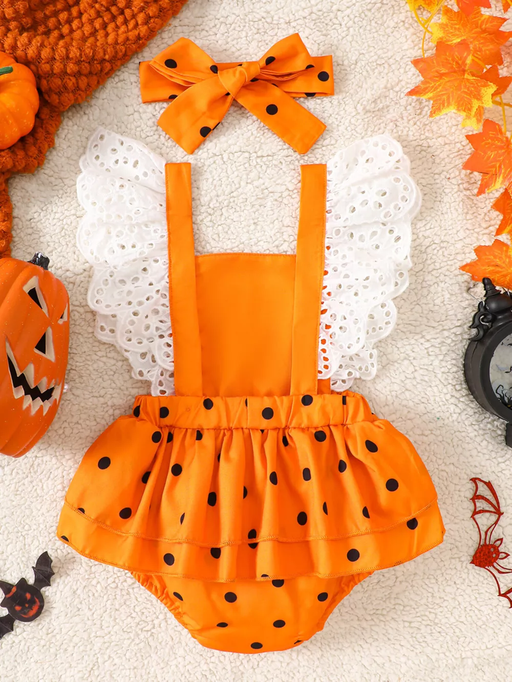 Children's Halloween Pumpkin Polka Dot Bodysuit and Headband Set, image 8