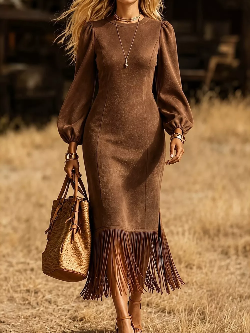 Fringe Balloon Sleeve Midi Dress, image 6