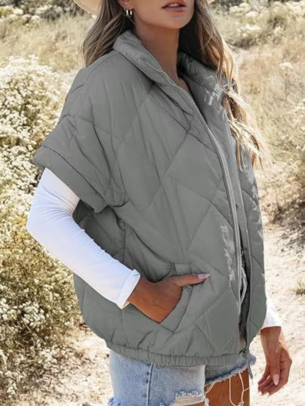 Quilted Zip Up Short Sleeve Winter Coat, image 3