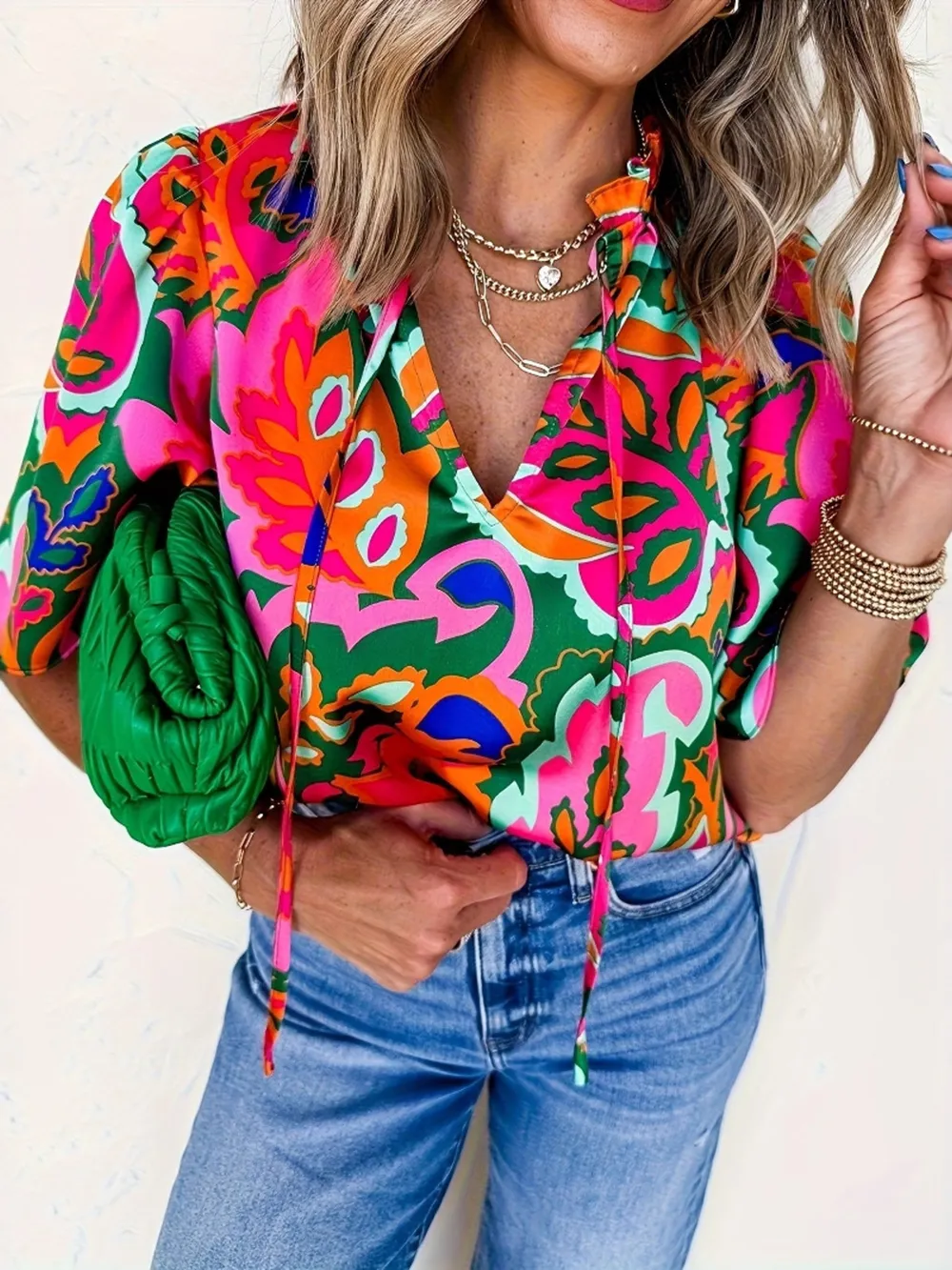 Printed Tie Neck Short Sleeve Blouse, image 2