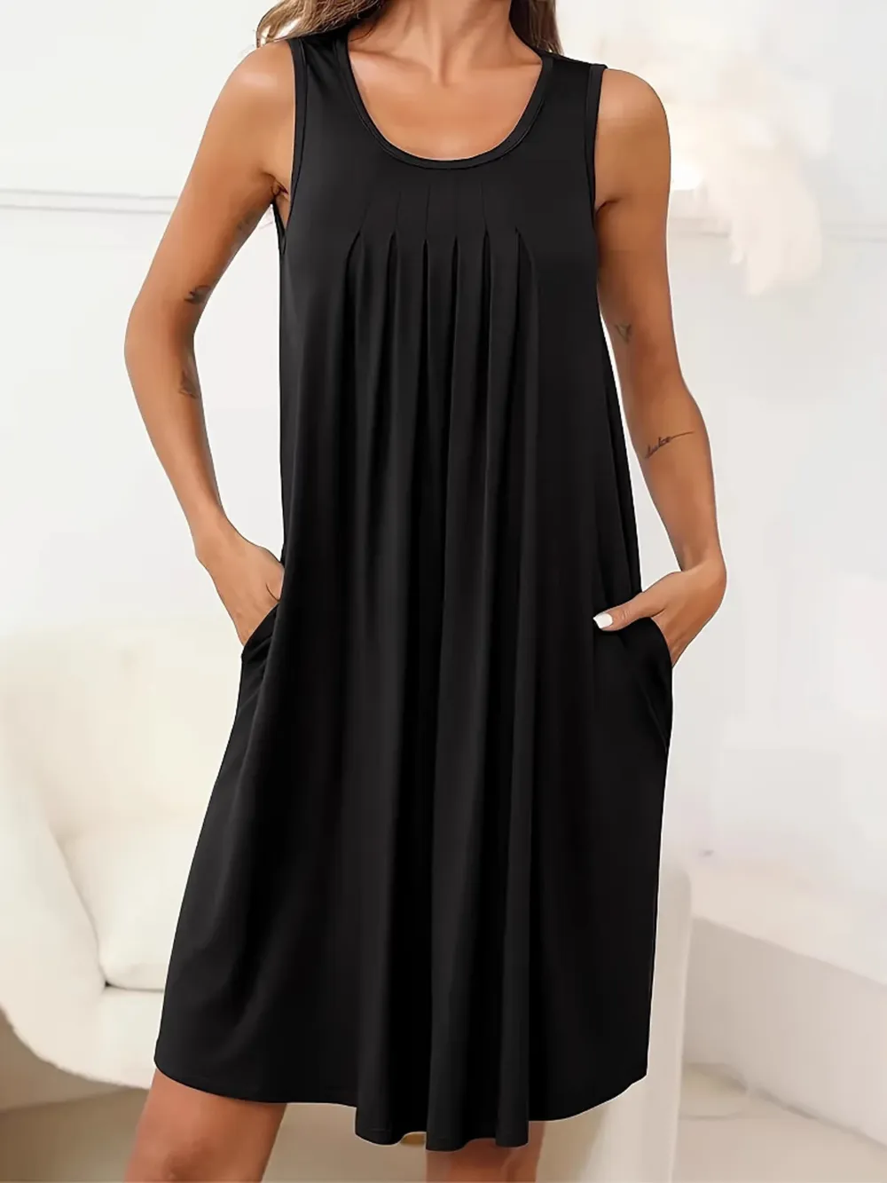 Flowy Pleated Tank Dress with Pockets, image 16