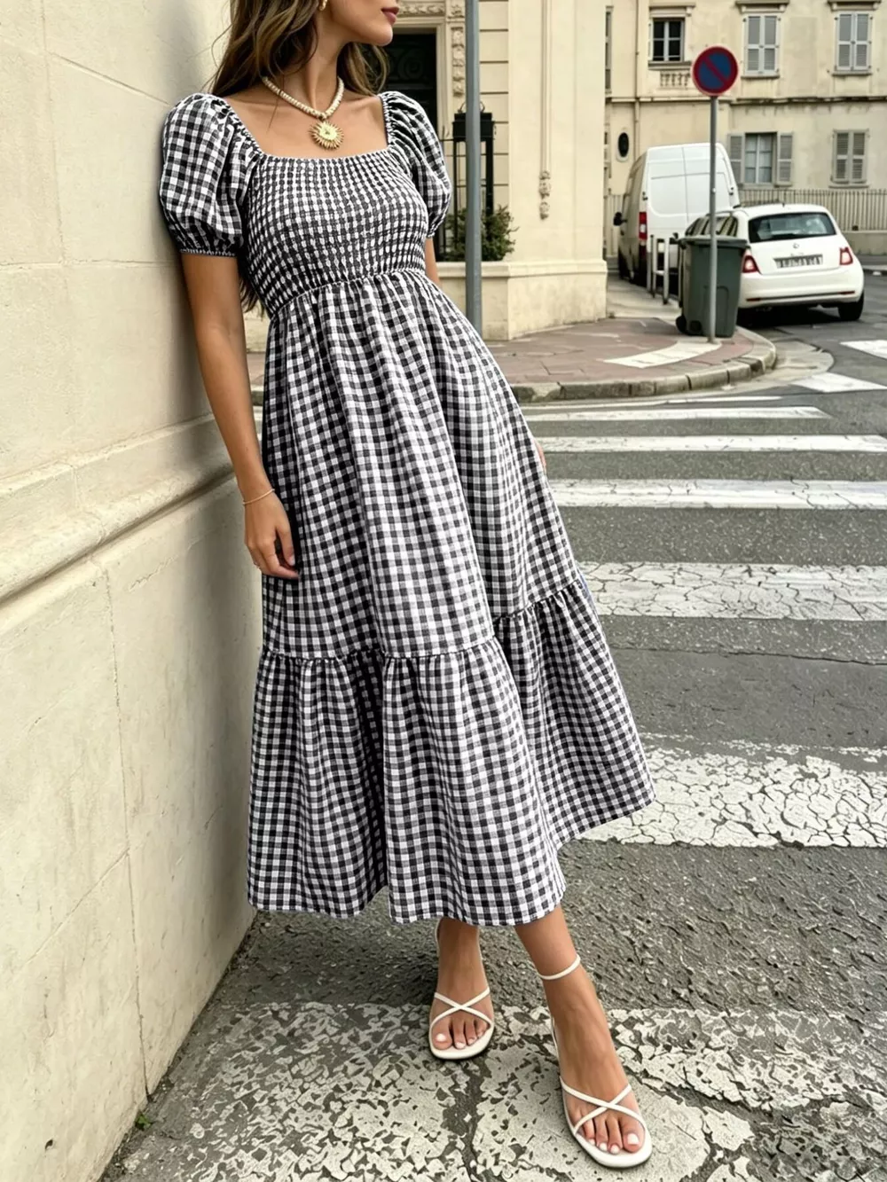 Gingham Smocked Puff Sleeve Midi Dress, image 4