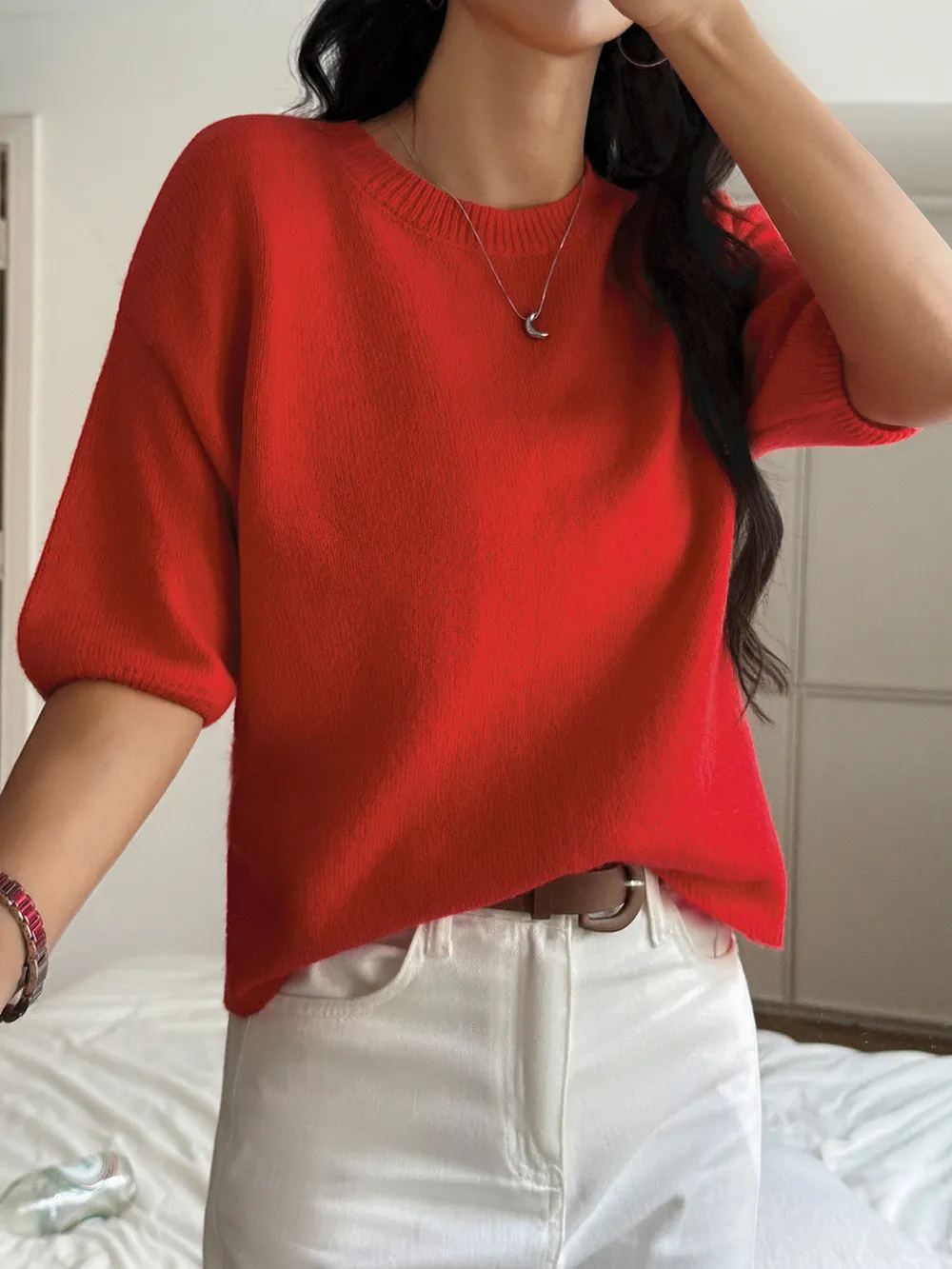 Ribbed Hem Round Neck Sweater, image 11