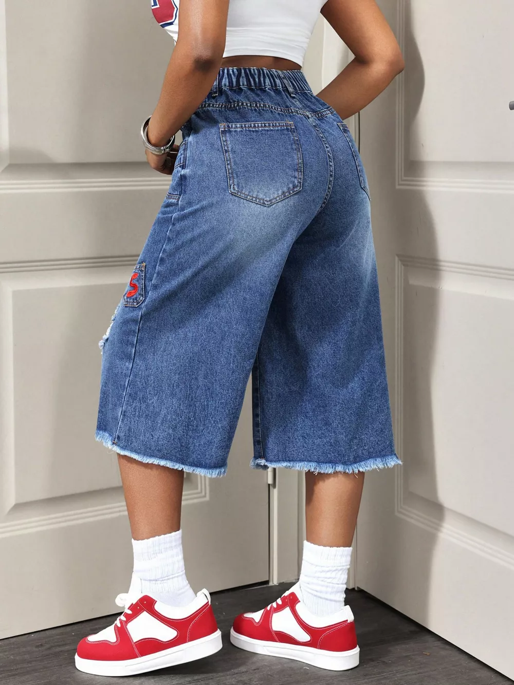 Distressed Wide-Leg Denim Capris, image 5