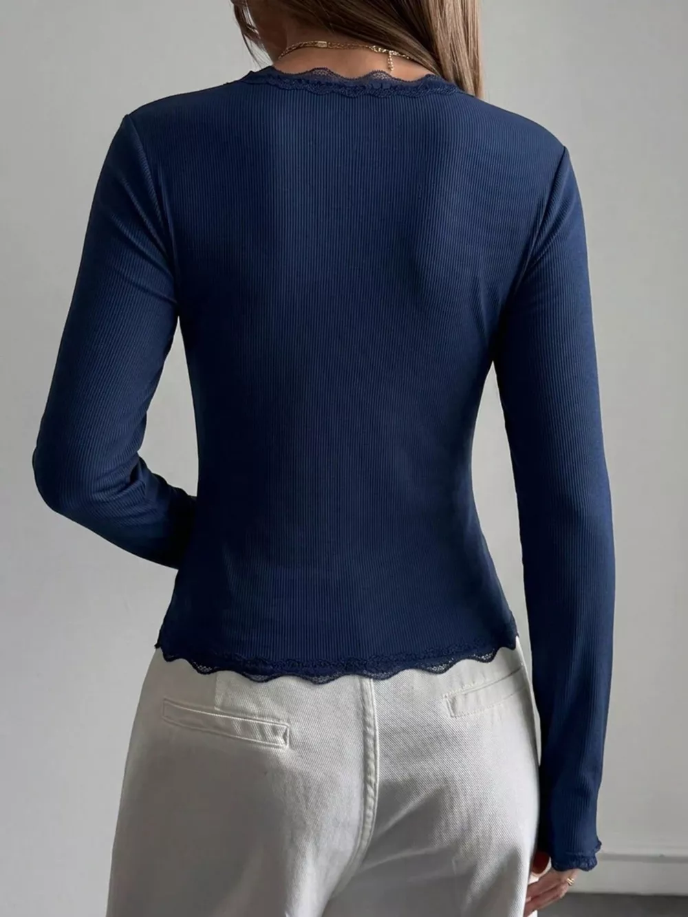 Lace Trim V-Neck Ribbed Long Sleeve Blouse, image 12