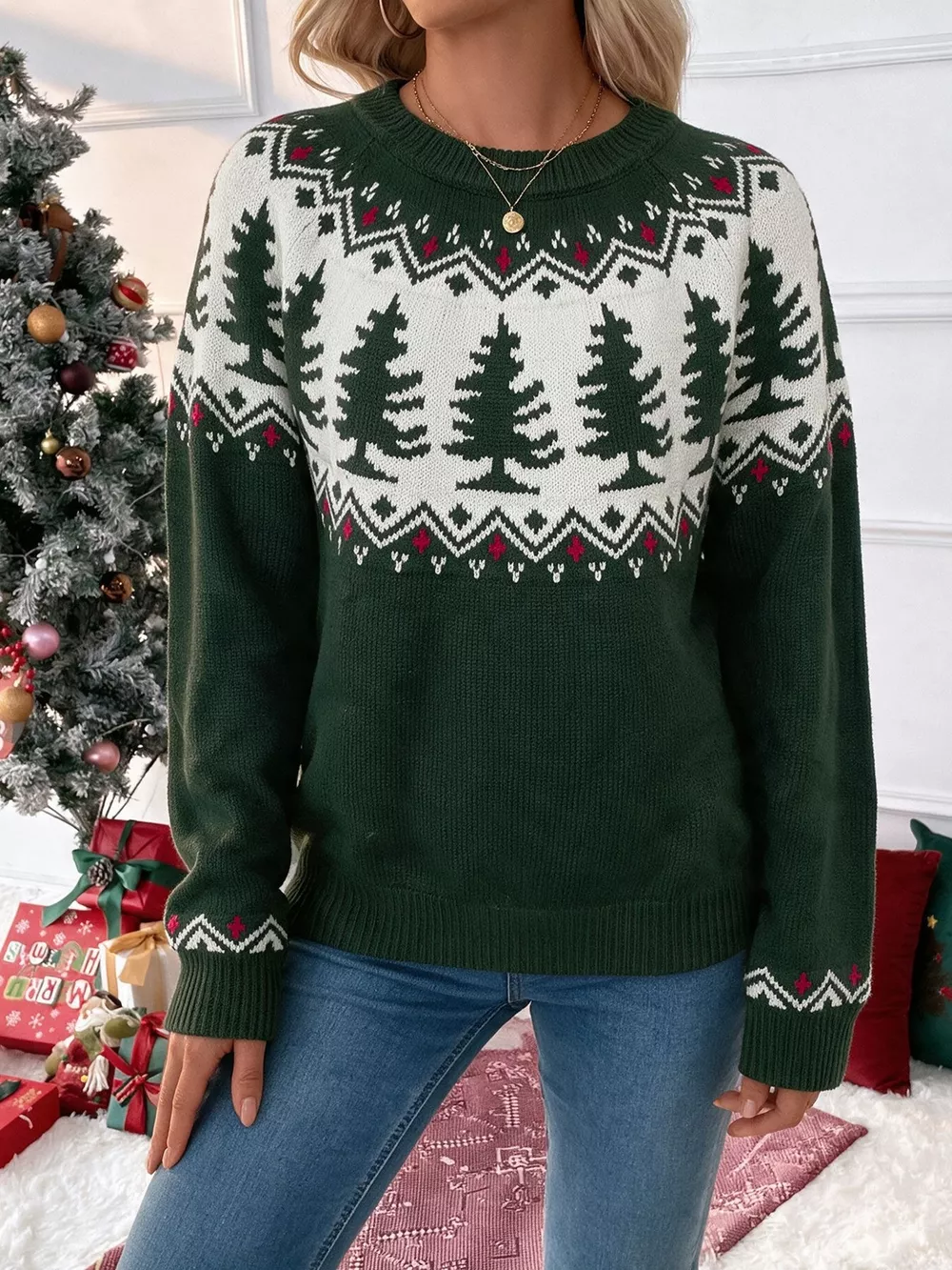 Christmas Tree Pattern Round Neck Sweater, image 3