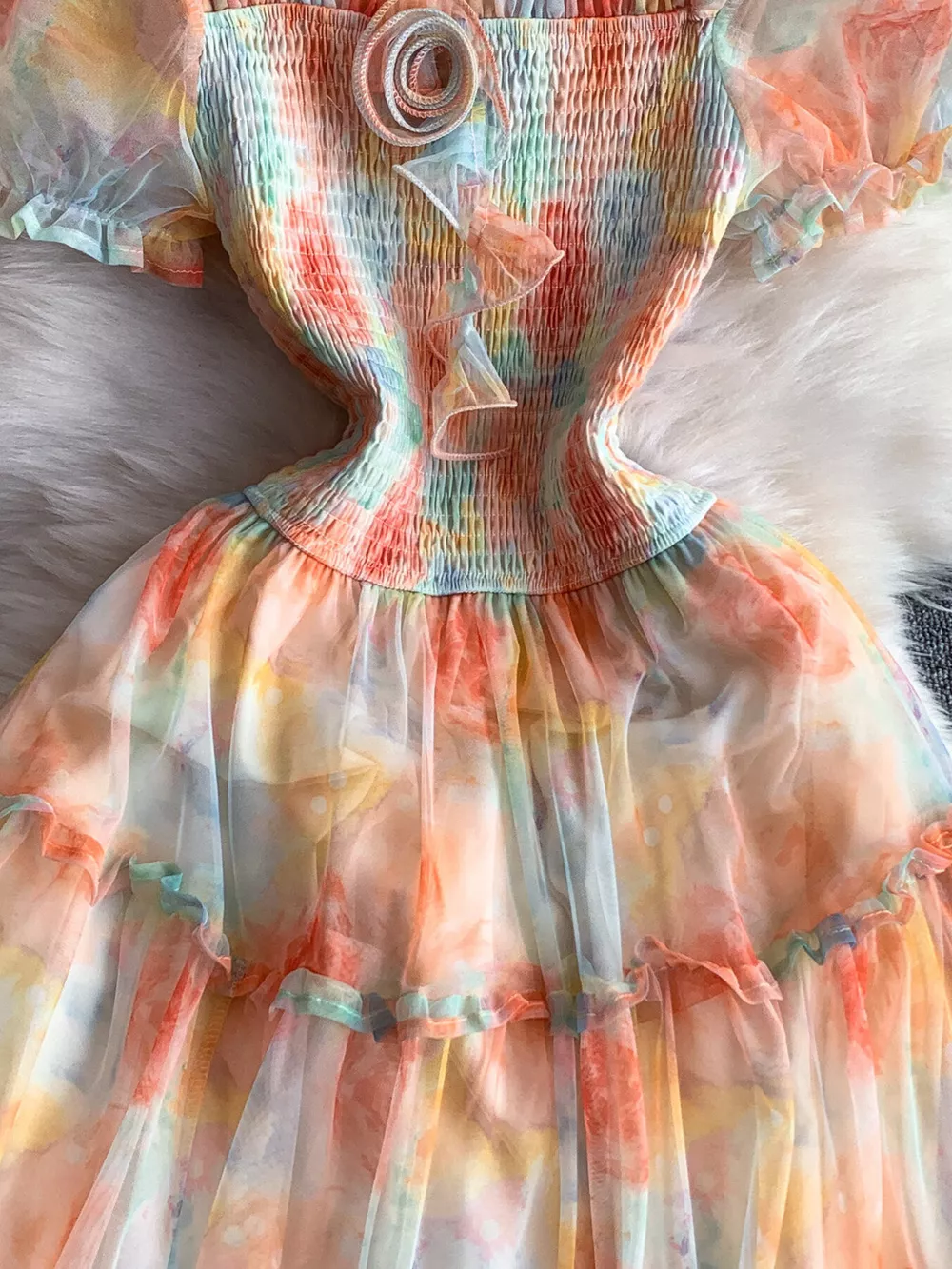 Smocked Floral Tiered Mesh Midi Dress, image 4