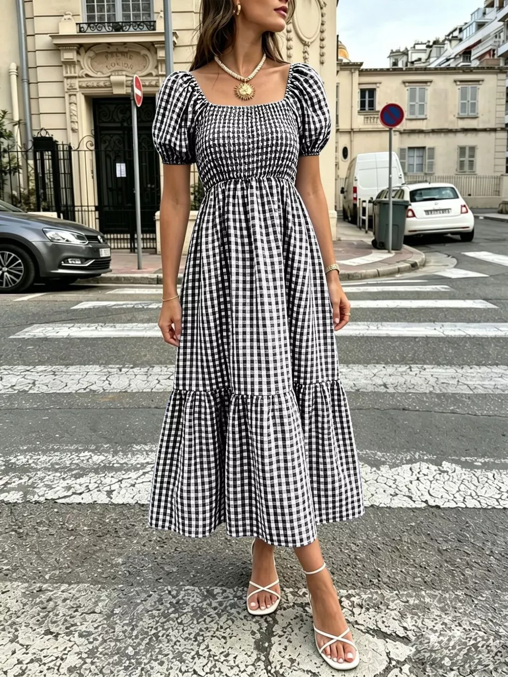 Gingham Smocked Puff Sleeve Midi Dress, image 5