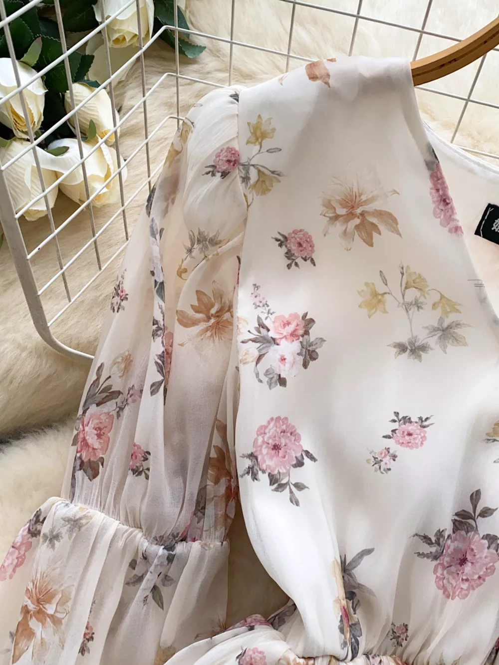Floral Print Chiffon Balloon Sleeve Blouse, image 3