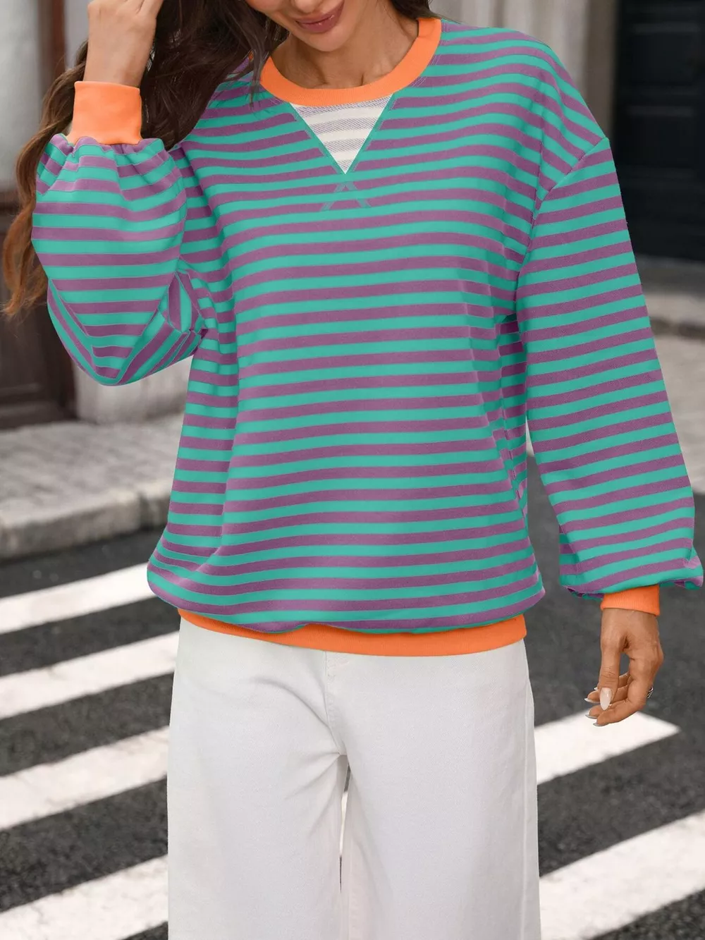 Contrast Trim Striped Crew Neck Sweatshirt, image 6